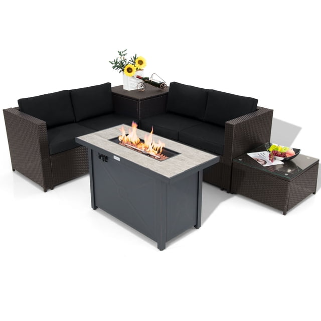 Gymax 5PCS Patio Furniture Set w/42'' Propane Fire Pit Table Cushions Storage Box