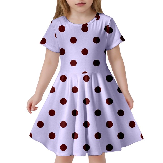 Robe Fille Enfant Été à Pois Slim Douce Respirante Manches Courtes Décontractée Robe Enfants Robes Violet Clair 8 Ans-9 Ans