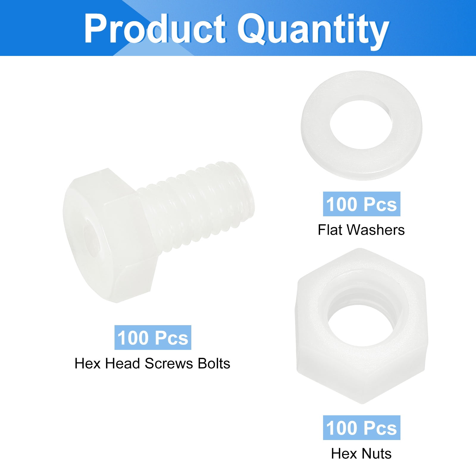 Uxcell 300 Pack/100 Sets Nylon Hex Bolts, M8 x 15mm Plastic Full Threaded Hex Head Screws Bolts and Nuts with Flat Washers for Machinery Electronics Industrial Accessories, White