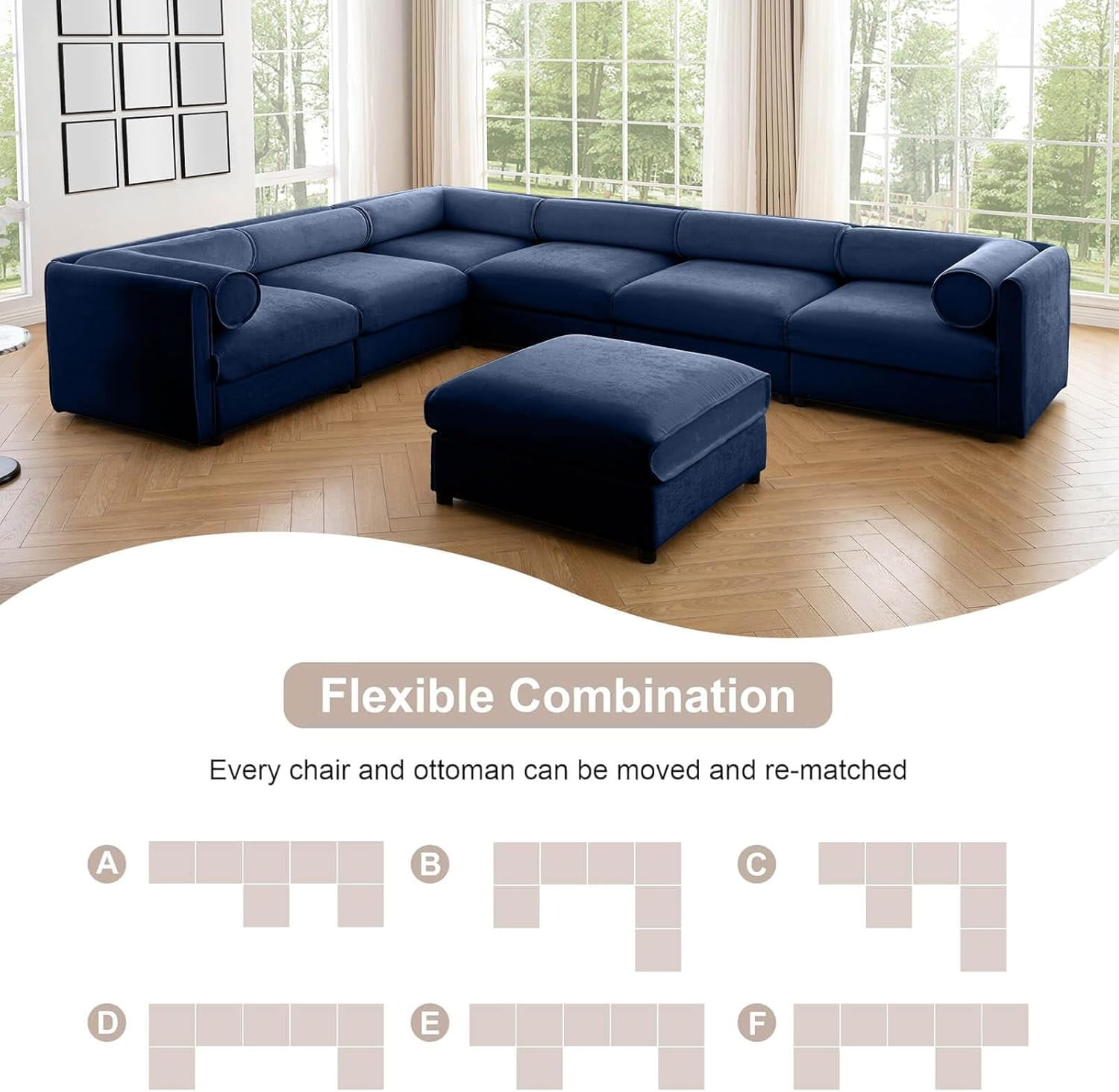 142.5'' Deep Seat Chenille L Shape Storage Seat with Ottoman,Cylindrical Backrest & Armrest Design,Modern 4-Seater Sectional Couches for Living Room, Office, Apartment - Green