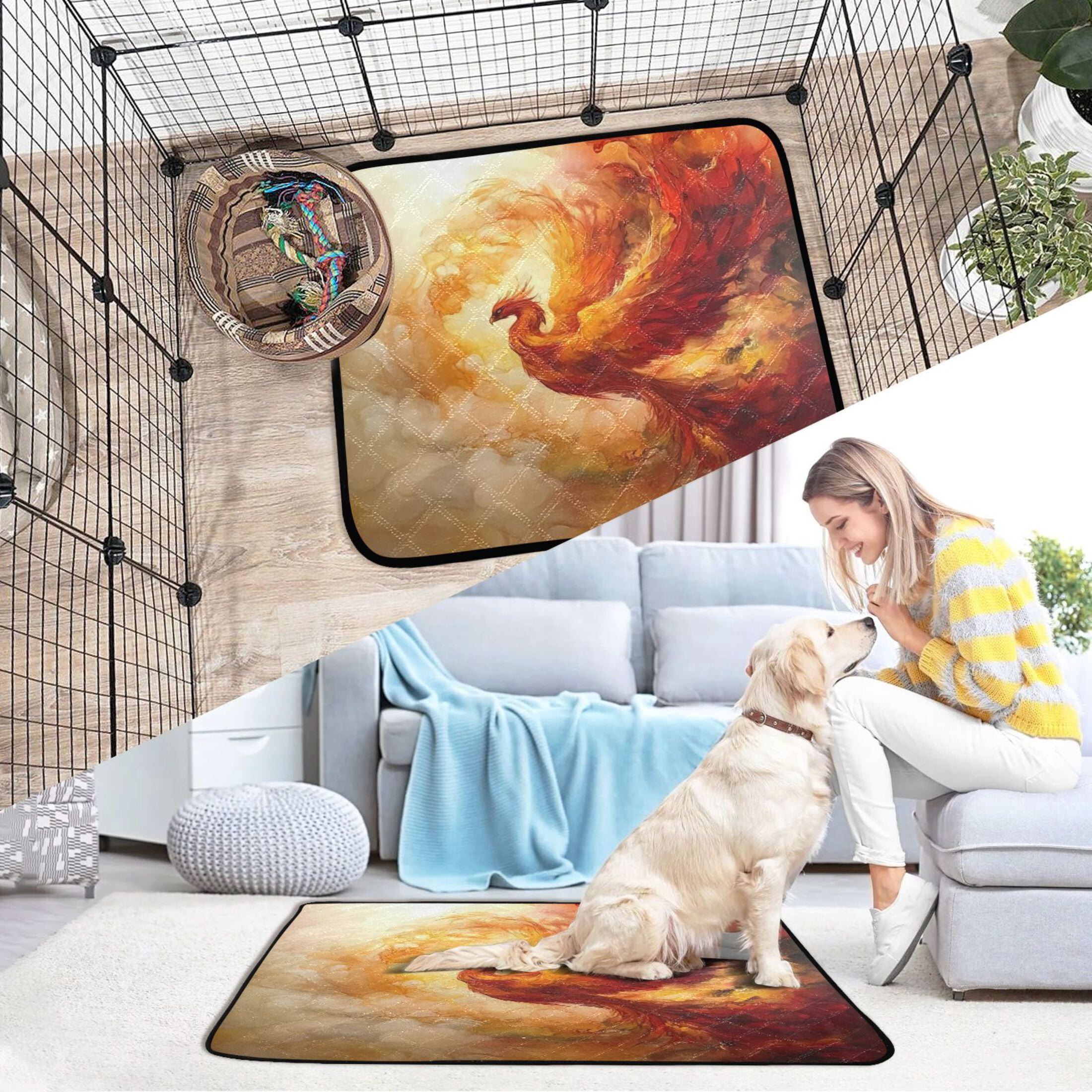 Qxltty Fire Phoenix Pattern Cat litter Pads Pet Set of 3 Diaper Mats Center Anti-leakage Layer Absorbent Soft and Comfortable