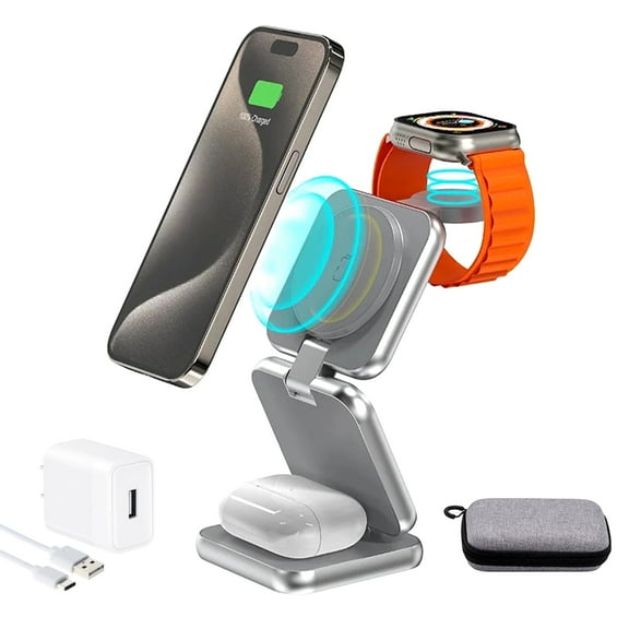 MALOM 3-in-1 Magnetic Foldable Wireless Charger for iPhone 16/15/14/13/12 Series, Apple Watch, AirPods with 20W Adapter and Type-C Cable