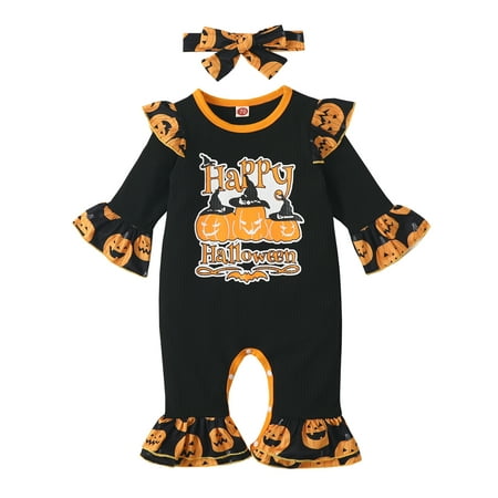 

Baby Girls Jumpsuits Outfit Halloween Pumpkin Letter Printed Long Sleeves Ruffle Romper and Headband Set