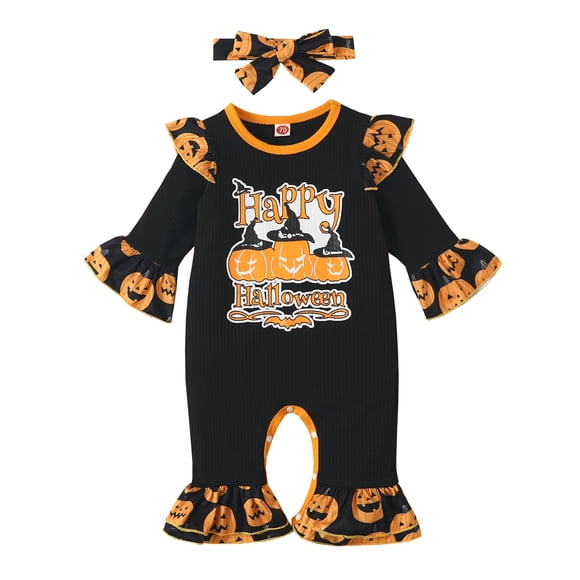 Txlixc Baby Girls Jumpsuits Outfit Halloween Calabaza Letra Impreso Mangas Largas Ruffle Mameluco y Diadema Conjunto Txlixc Moda