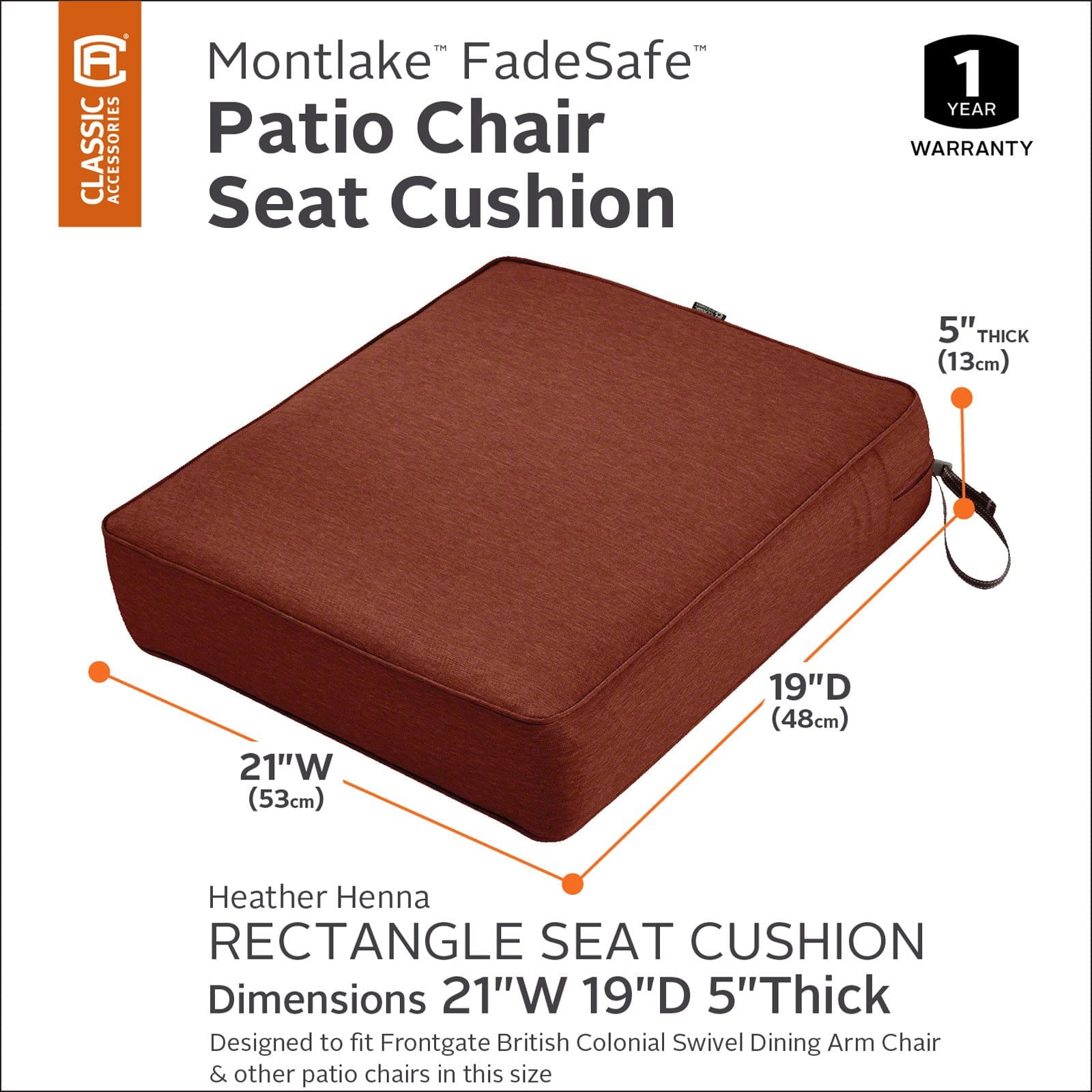 Classic Accessories Montlake FadeSafe Water-Resistant Patio Chair Seat Cushion, 25 x 27 x 5 inch, Heather Fern
