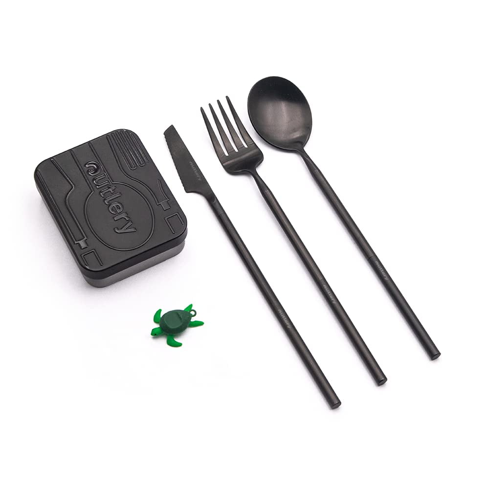 Portable & Reusable Stainless Steel Travel Cutlery Set (Black) - Includes Travel