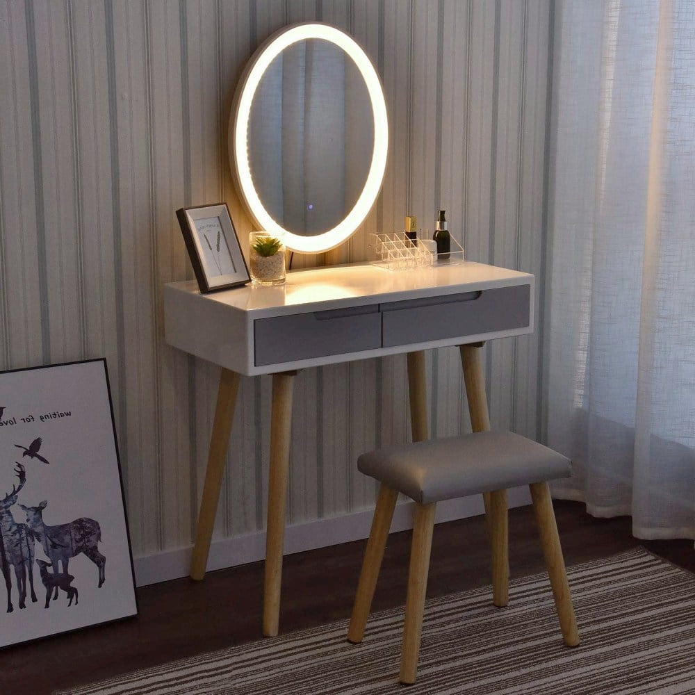White Dressing Table with LED Lights 5 Drawers Vanity Makeup Desk with Cushioned Stool Bedroom Dresser Set