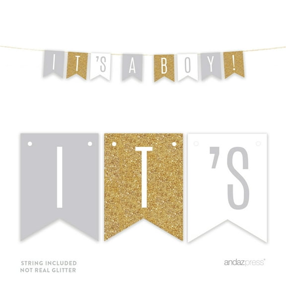 Signature Light Gray, White, Gold Glittering Baby Shower, Hanging Pennant Banner, It's a Boy!