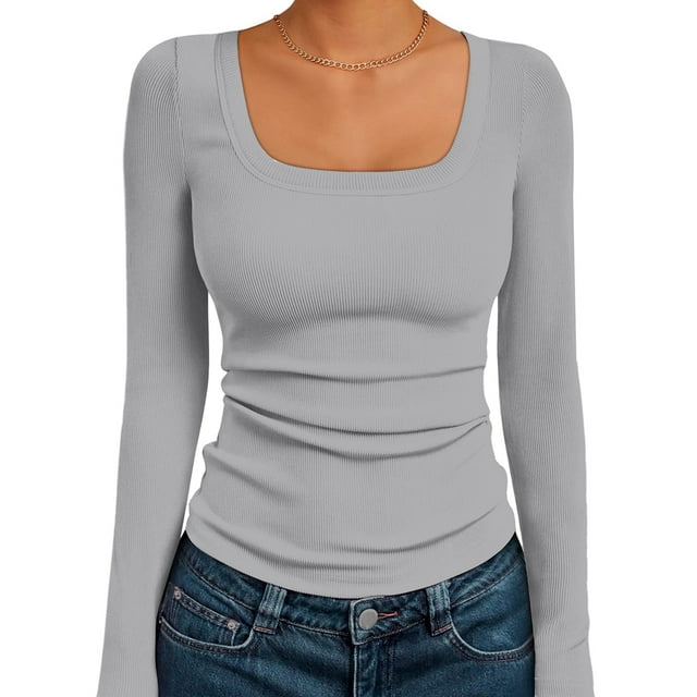 Womens Long Sleeve Shirts Square Neck Tops Ribbed Knit Basic Crop Tops Fall Outfits Fashion Clothes Light Gray L