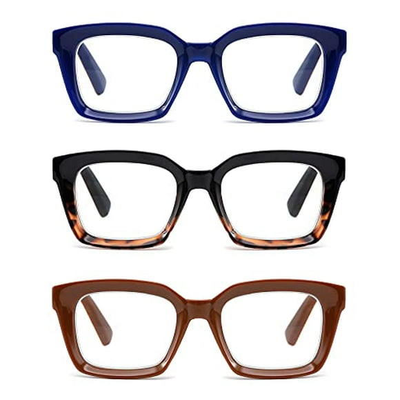 ZXYOO 3 Pack Oversize Square Design Reading Glasses for Women, Blue Light Blocking Reader (Black&Blue&Coffee, 3.0)