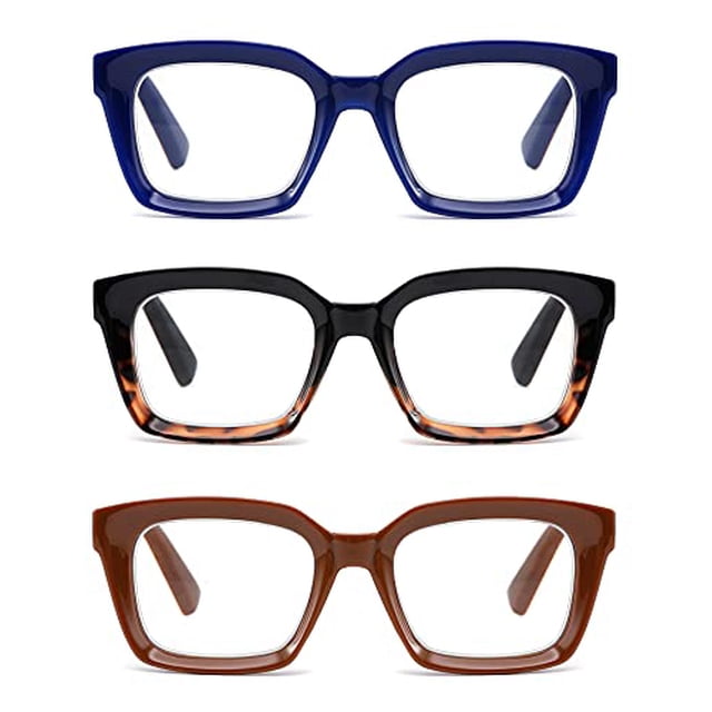 ZXYOO Lot de 3 Lunettes de Lecture Surdimensionnées à Design Carré pour Femmes, Lecteur Bloquant la Lumière Bleue (Noir&Bleu&Café, 3.0)