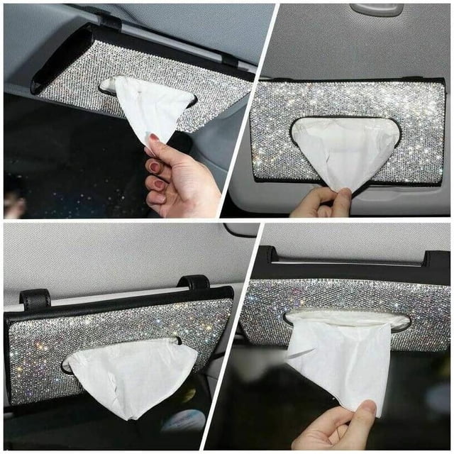Caja de pañuelos para visera de coche Bling Bling, de piel sintética, hecha a mano, con cristales brillantes, para mujer