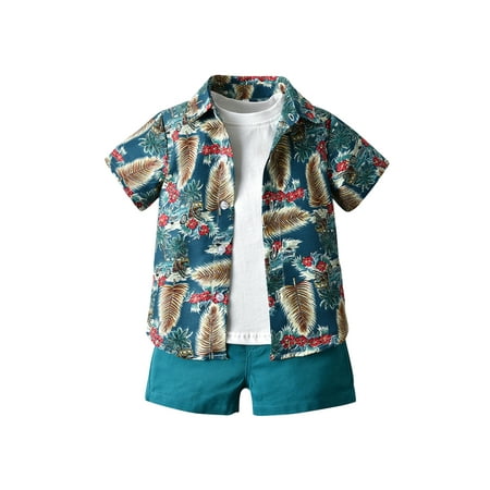 

Xiaoluokaixin Baby Boy 3Pcs Casual Outfit Floral Turn-Down Collar Short Sleeve Shirt+ Solid Color T-Shirt+ Shorts