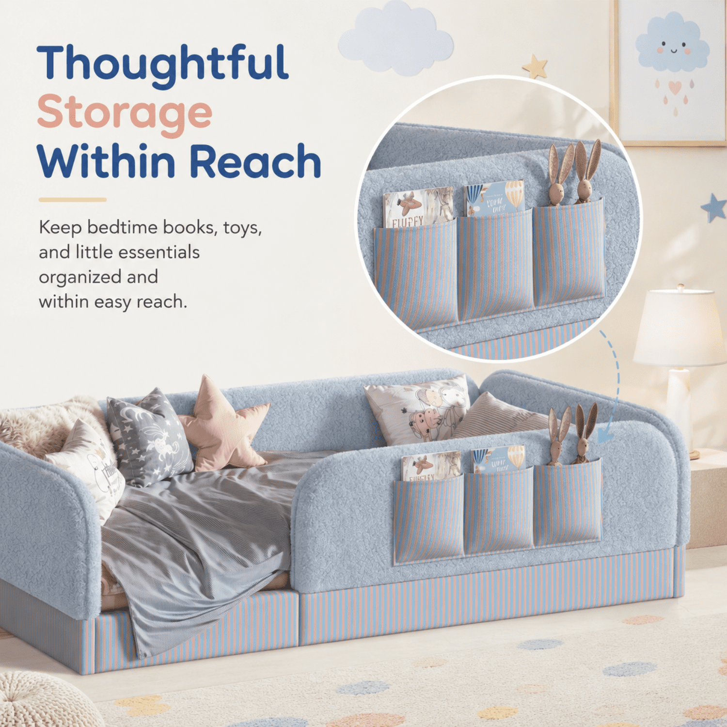 Miniyam Twin Size Montessori Floor Bed for Kids, Upholstered Teddy Fleece Low Profile Bed Frame, Blue
