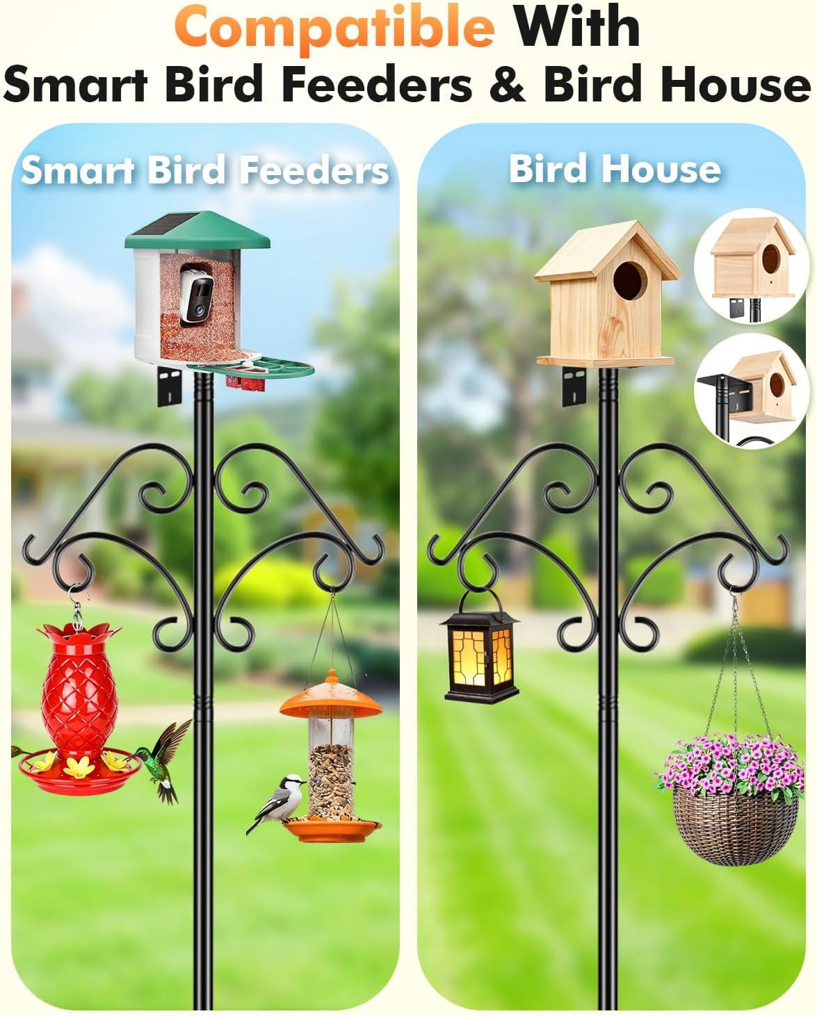 Smart Bird Feeder Pole Stand - 92 Inch Heavy Duty Bird House Pole with Squirrel Proof Baffle Shepherd Hooks for Outdoor - Adjustable Bird Feeding Station for Hanging Feeders Plants Wind Chimes