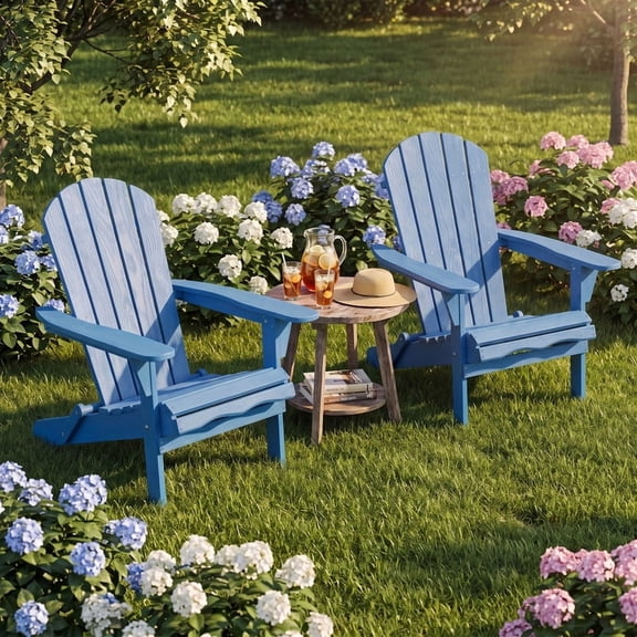 iooHug Outdoor Folded Embossed Adirondack Chair(Set of 2), Solid Wood Patio Lounge Chair with Wood Grain for Garden & Poolside(Navy Blue)