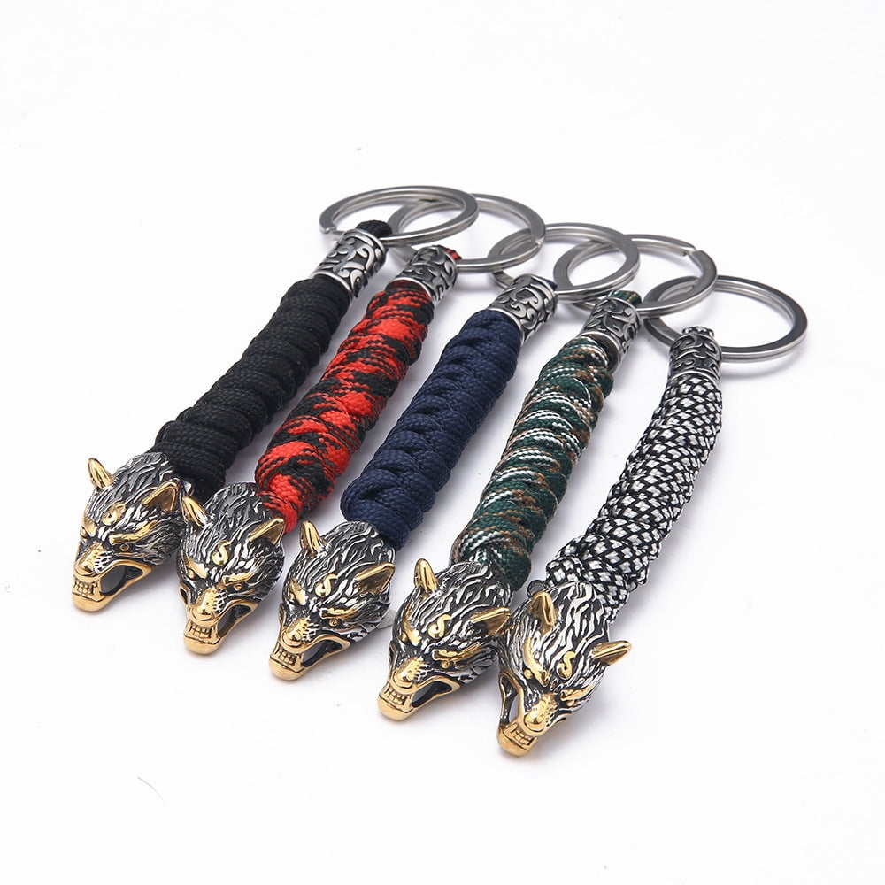 Paracord Key Ring with Wolf Head and Beads Durable Rope Weaving Keychain Stainless Steel Keyring 15cm Length Paracord