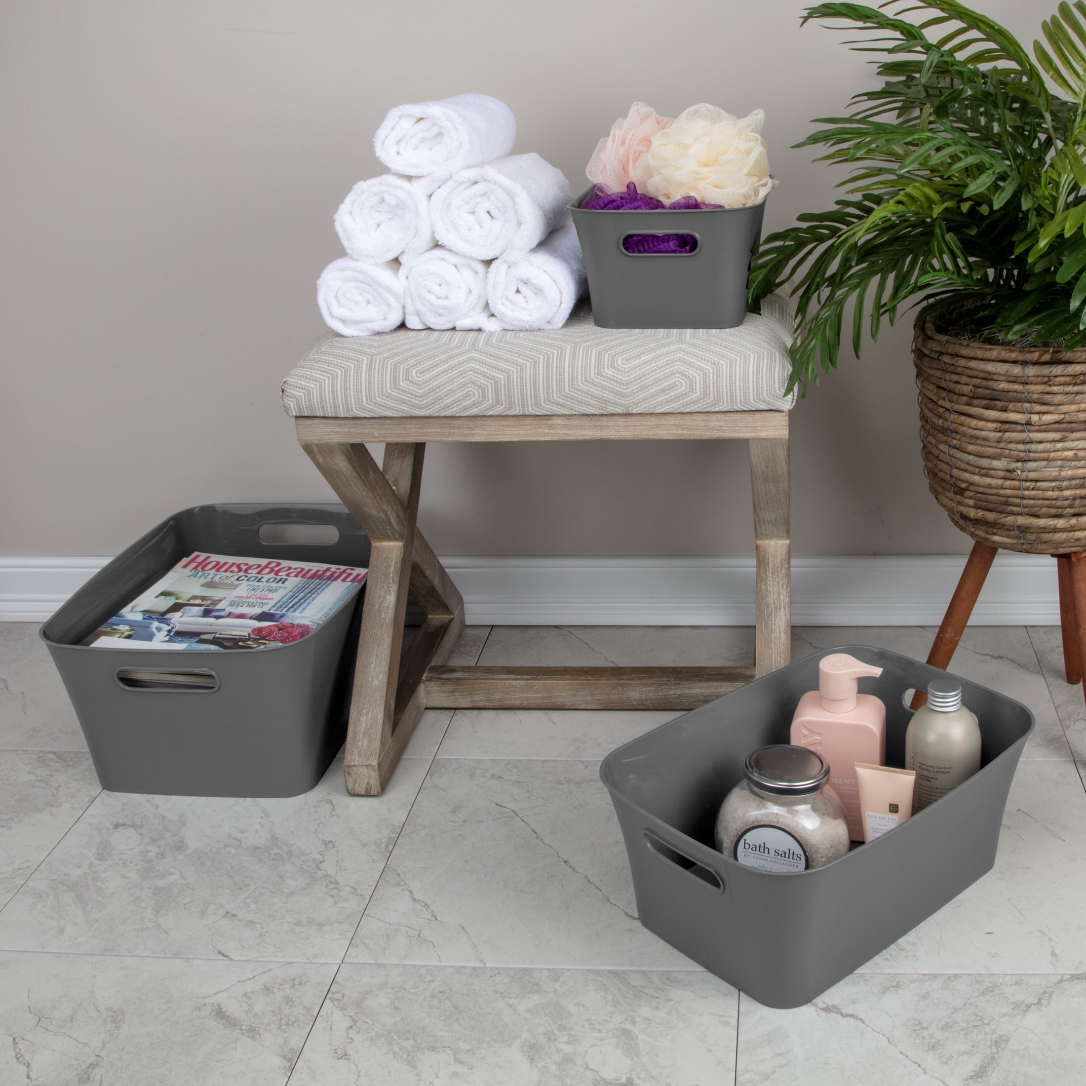 (6 pack) Mainstays Large Bin, Open Plastic Storage Containers, Versatile Stylish Organizers with Handles, Gray Flannel