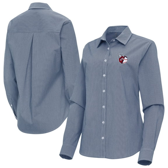 Women's Antigua Navy Cleveland Guardians Porter Woven Long Sleeve Button-Up Shirt