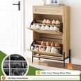 thumbnail image 4 of Natural Rattan 3-Tier Hidden Wooden Shoe Rack, Adjustable Shelves Shoe Storage Cabinet w/ 2 Flip Door & 1 Drawer, 4 of 9