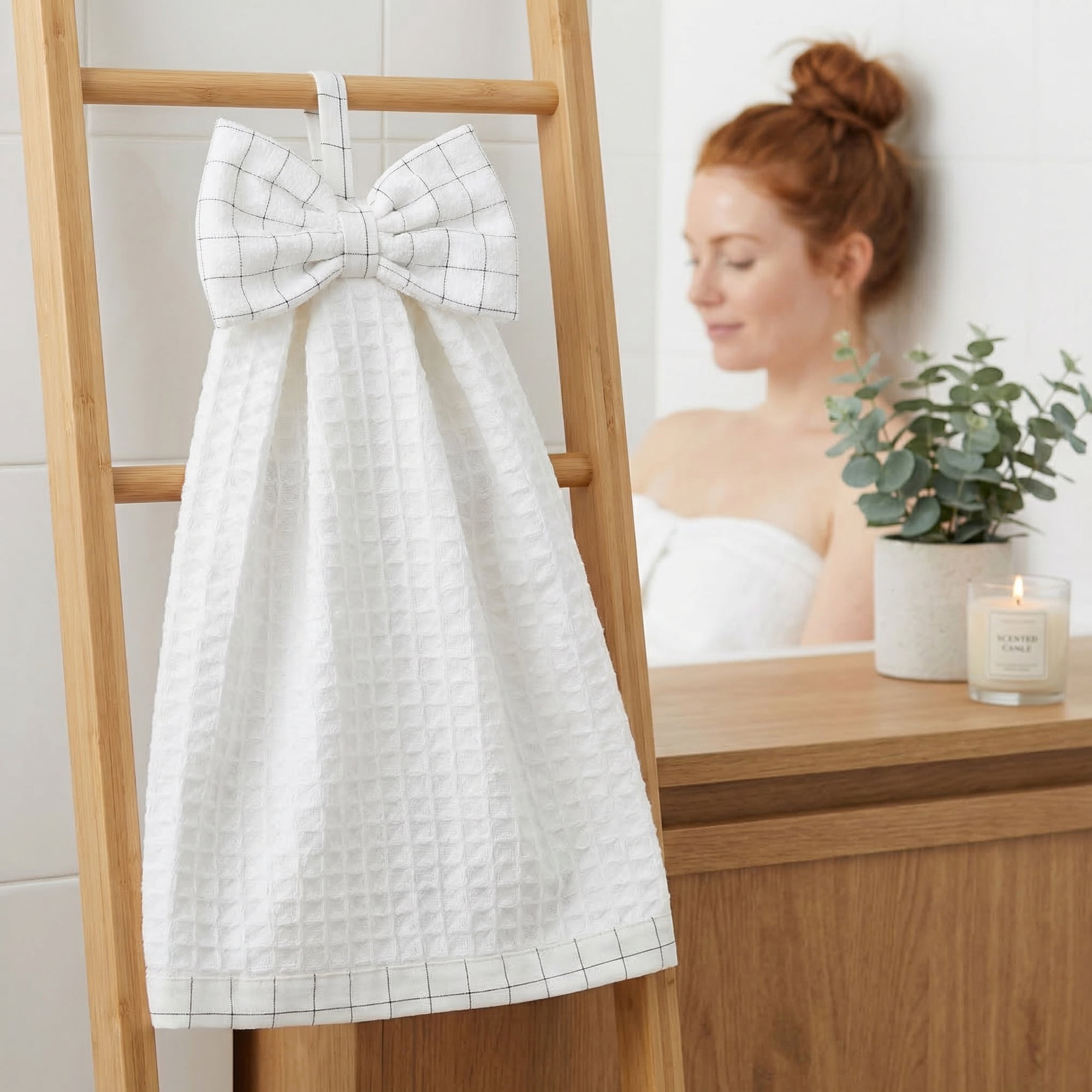 Unique Bargains 2 Pack Waffle Weave Hanging Hand Towels with Bowknot White 13" x 9"