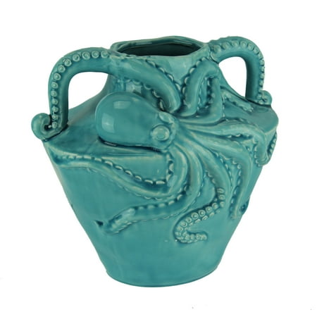 Aqua Blue Ceramic Octopus Vase with Built-In Handles