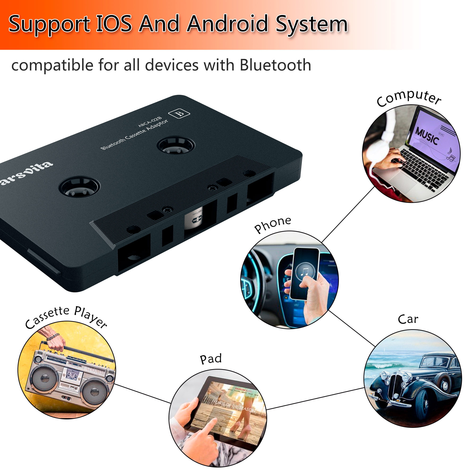 arsvita US1ASCA0076 Bluetooth Car Cassette Tape Adaptor Instructions