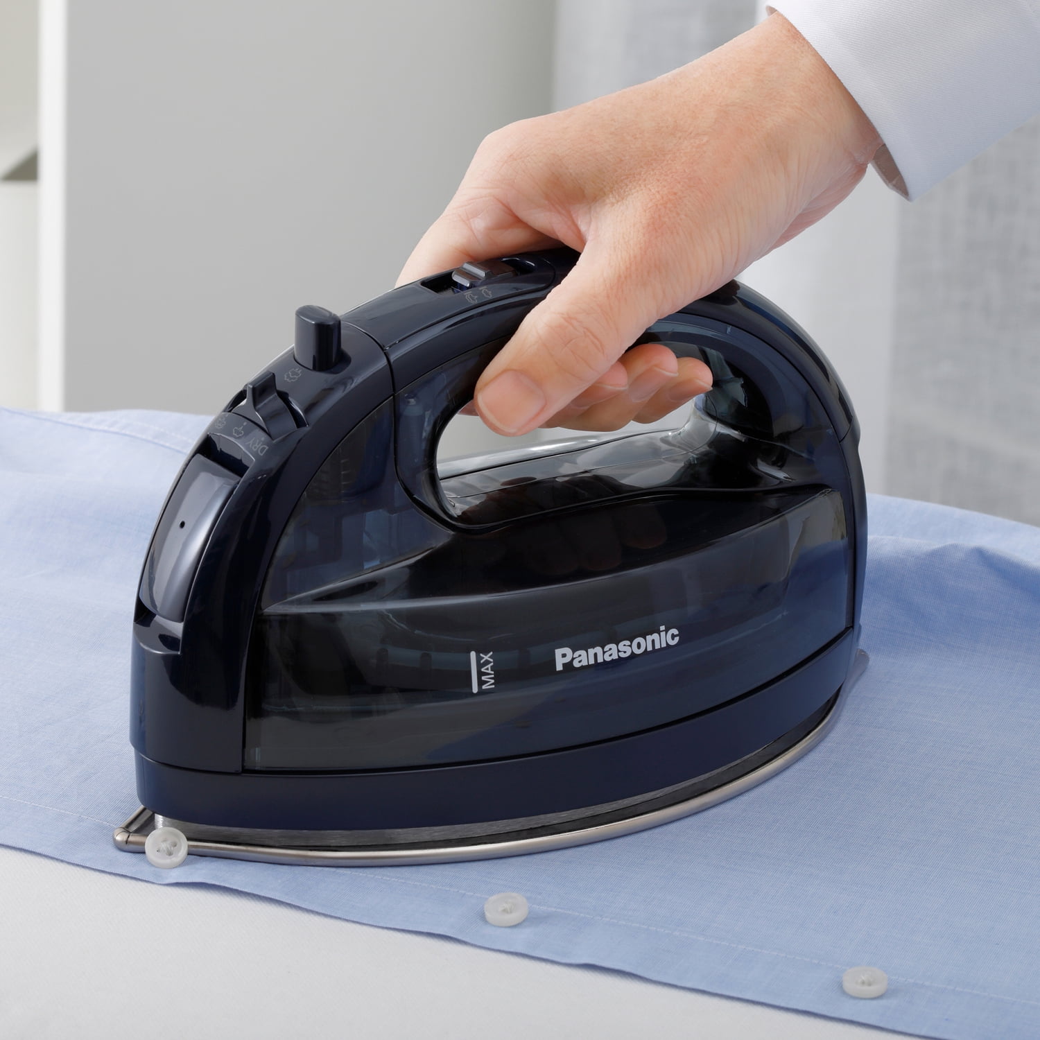 Panasonic Cordless Dry and Steam Iron with Wide Stainless Steel Soleplate, 1,500 Watts, Power Heating Base, Retractable Cord, and Cover Case, Blue, NI-WL700A, NI-WL700A