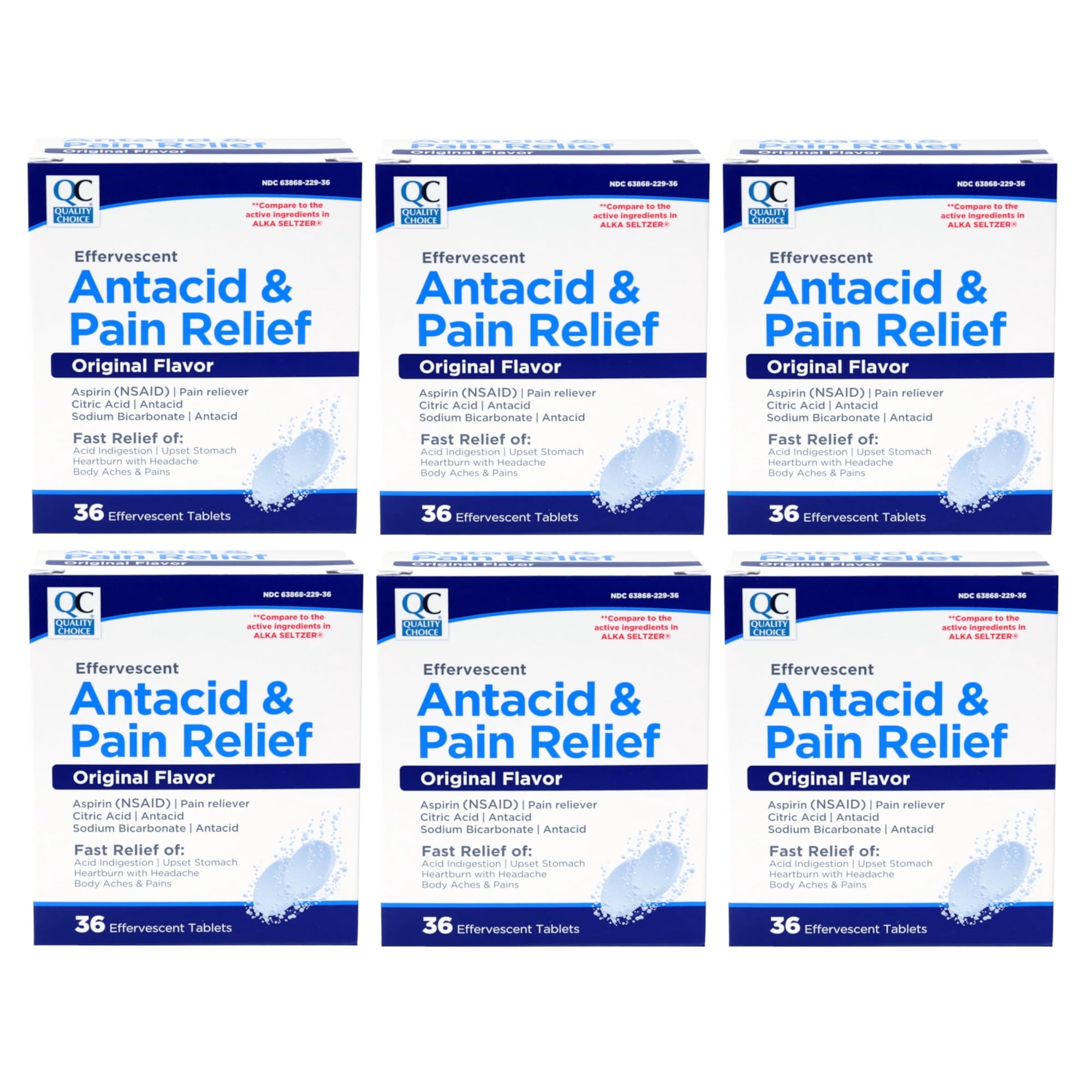 6 Pack Quality Choice Effervescent Pain Relief Antacid Tablets 36 Count Each