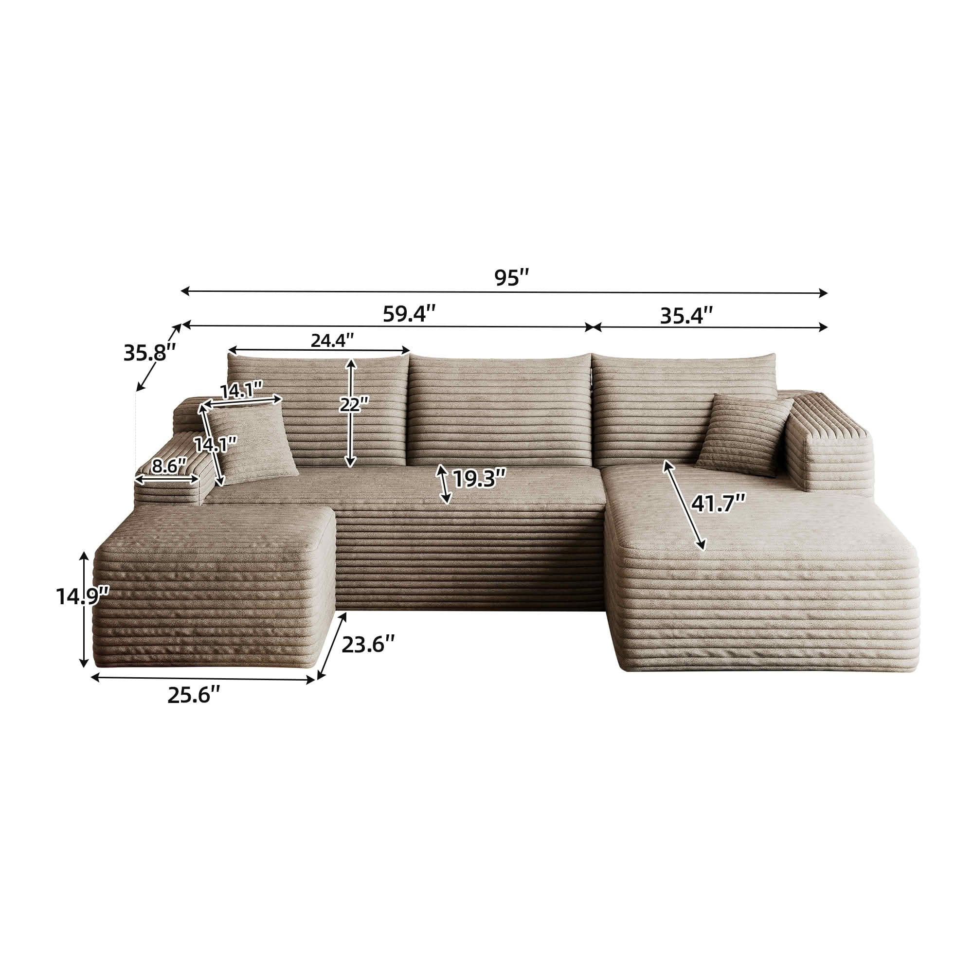 MAYEERTY 95" Corduroy U-Shaped Sectional Sofa with Ottoman, Deep Seat Cloud Couch, No Assembly Leisure Sofa for Home