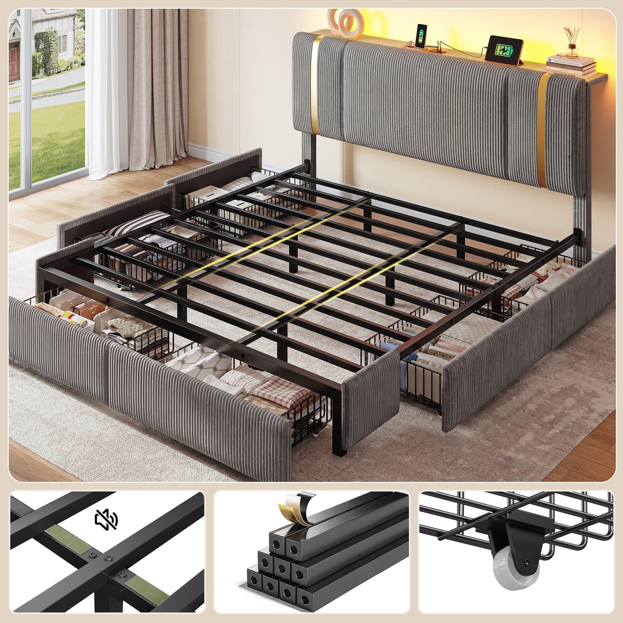 Upholstered Bed Frame with 6 Storage Drawers King Size Storage Bed Frame with LED Lights & Charge Station & Shelf & Adjustable Headboard,Grey