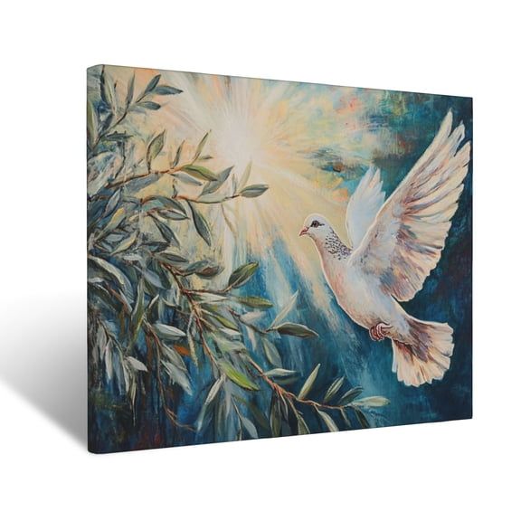 CozyNet Dove Flying Over An Olive Branch Peaceful Sky Illuminated By Rays Of Holy Light Wall Art Prints With Frame Canvas Perfect for Living Room & Bedroom, Ready to Hang, Wall Decor 12"x16"