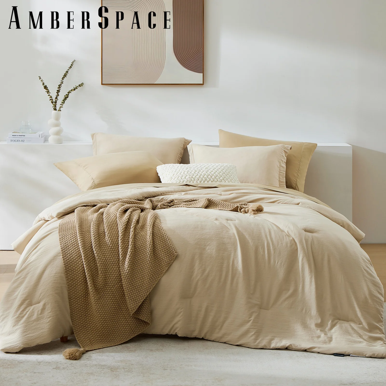 Amberspace Prewashed fabric 5-piece Bed in a Bag Comforter Set with Sheets,Beige,Twin-XL