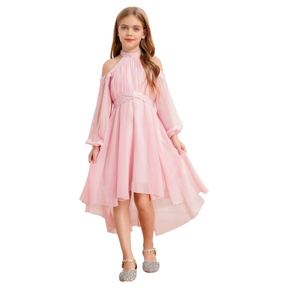 inlzdz Kids Shiny Rhinestone Princess Party Dress Halter Neck Long Sleeve Wedding Flower Girl Pink 4