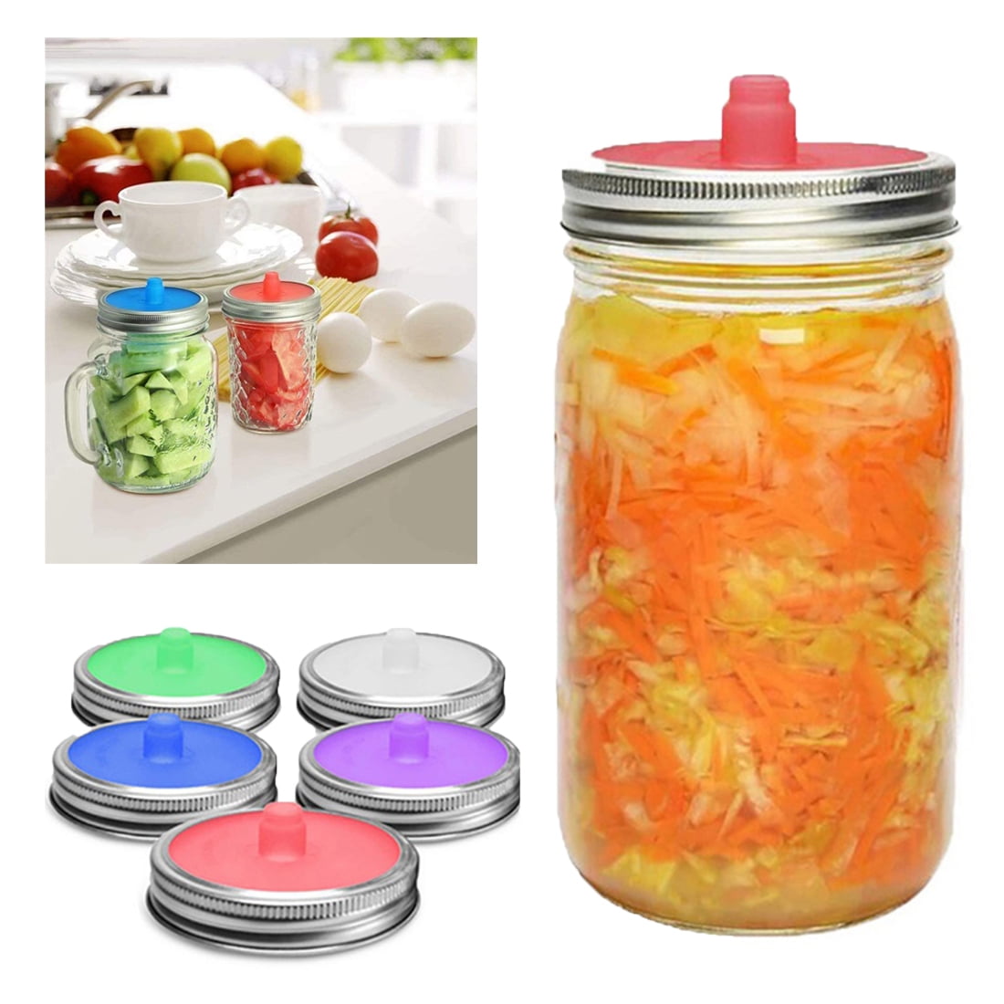 Set of 8 Wide Mouth Mason Jar Fermenting Lids for Ball Mason Jar and More Kimchi 4pcs Food-Grade Silicone Airlock Fermentation Lids and 4pcs Stainless Steel Bands for Sauerkraut Pickles 