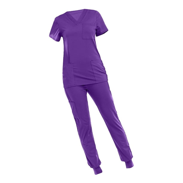 Conjunto de uniforme médico para mujer con múltiples bolsillos, cómodo y profesional, para enfermera. Violeta