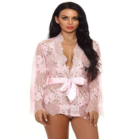 Tao Tao Women Kimono Robe Floral Lace Babydoll Chemise Sheer Mesh Nightgown Pink S