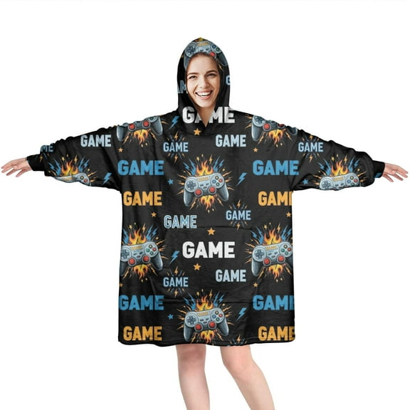 Wearable Oversized Blanket,Colorful Controllers Games Flames Black Pattern Wearable Blanket Hoodie for Adults,Cozy Hooded Blankets with Super Pockets,Super Warm Fuzzy Pullover for Women & Men