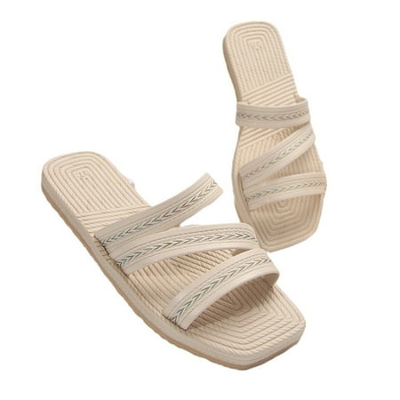 

HTGFGMGW Walking Sandals Women Shoes Summer Solid Color Slip On Casual Open toe Flat Soft Slipper Socks for Women Indoor Imitation Grass Weaving Square toe Slippers Beige