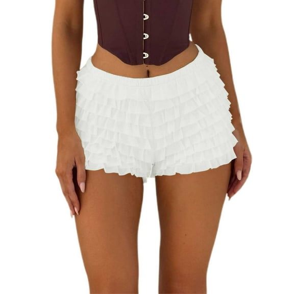 CAIVO Women Lace Mini Skirt Low Rise Micro Skirt Asymmetrical Ruffle Hem Flared Shorts Solid Color Daily Bottoms Birthday