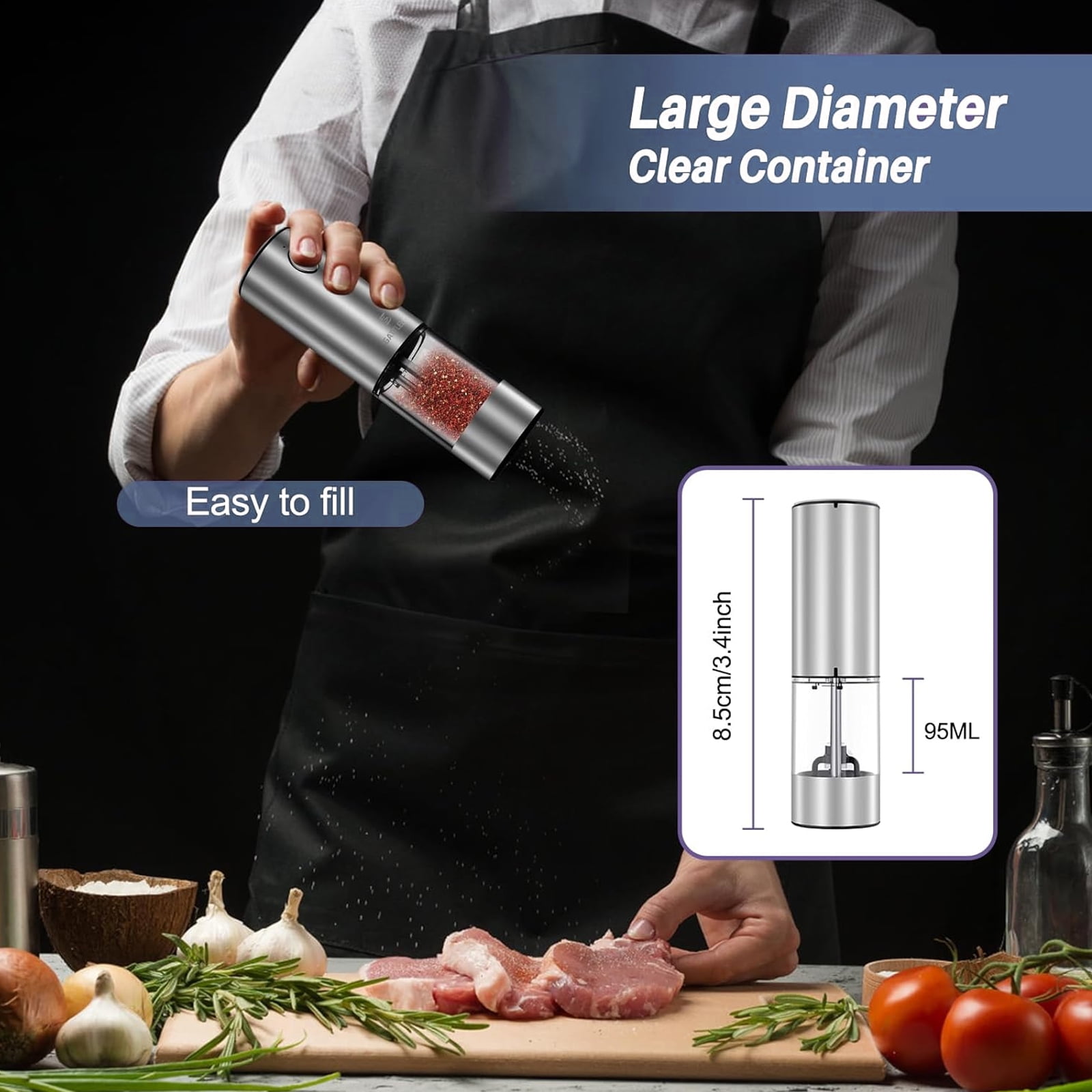 AsFrost Electric Salt and Pepper Grinder Set USB Rechargeable with Adjustable Coarseness Stainless Steel Automatic Salt n Pepper Mill Grinders Refillable with light