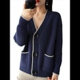 thumbnail image 3 of Suéter de Larga con Bloques de Color para Mujer, Abrigo Informal de Otoño con Botones y Bolsillo Azul Marino S, 3 of 8