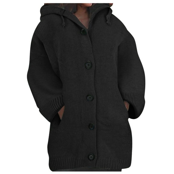 Women's Cardigan Sweaters Hooded Button Down Front Jackets Winter Coat with Pockets Black 3XL