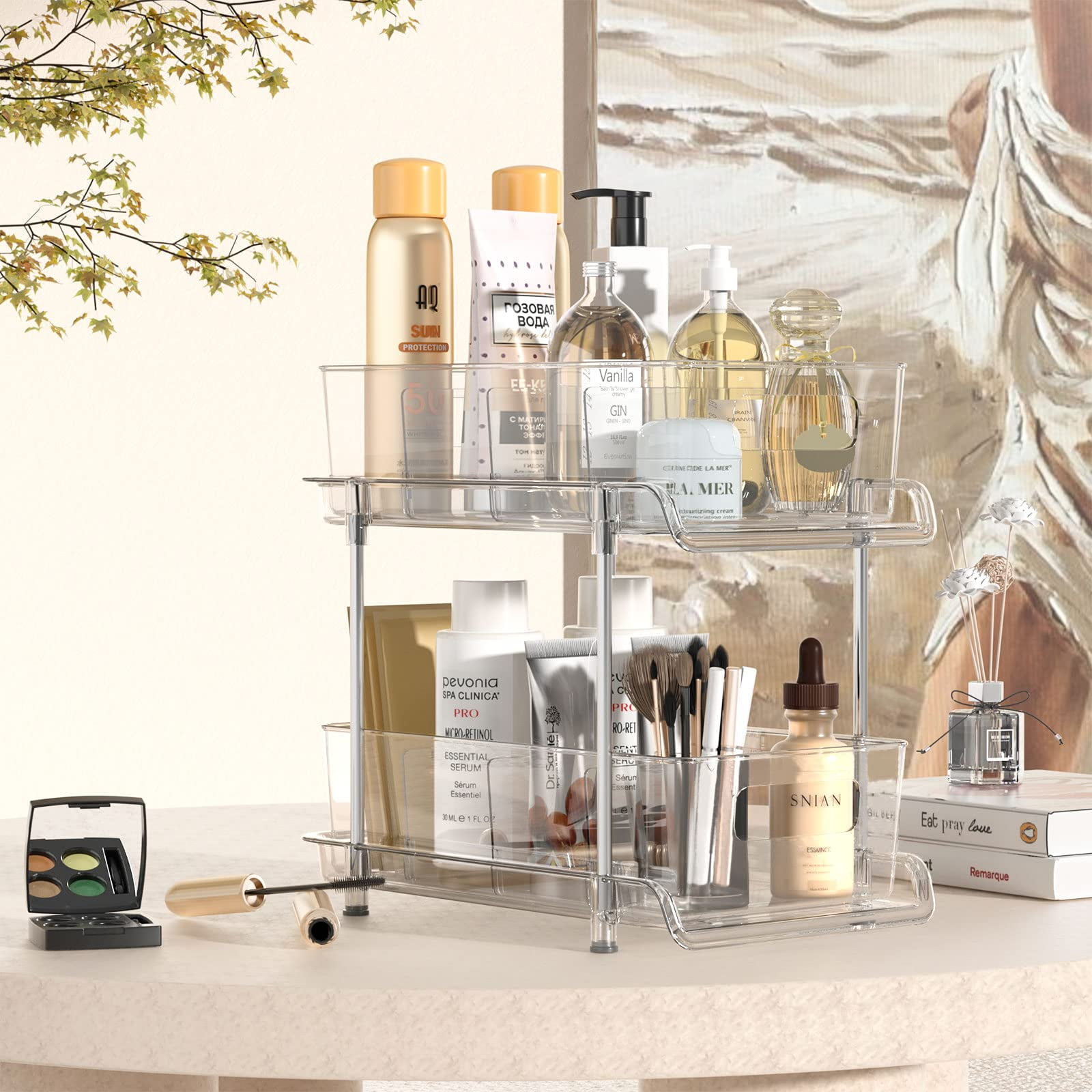 2-Tier Bathroom Organizer with Dividers, Clear Under Sink and Pull-Out Cabinet Storage for Kitchen and Pantry Organization