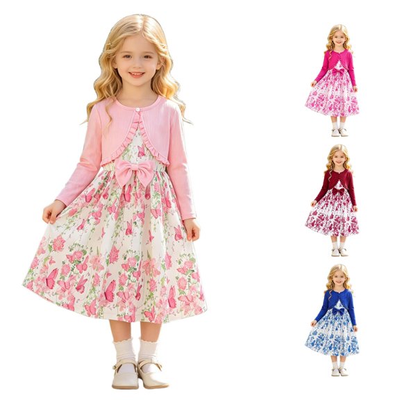 CUZIBR Kids Seasonal Dress Girls With Solid Color Jacket Floral Pattern Sleeveless Long Sleeve Dress Outfit Sets Fall Clothes Sets,Red,9-10 Years