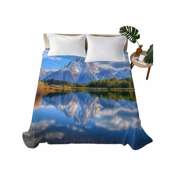 Twin Flat Sheet 66"x96", Blue Mountain Soft Lightweight Bedding Flat Sheets Only, Modern Art Green Forest Lake Brushed Microfiber Top Bed Sheet, Breathable StainResistant Bedsheets