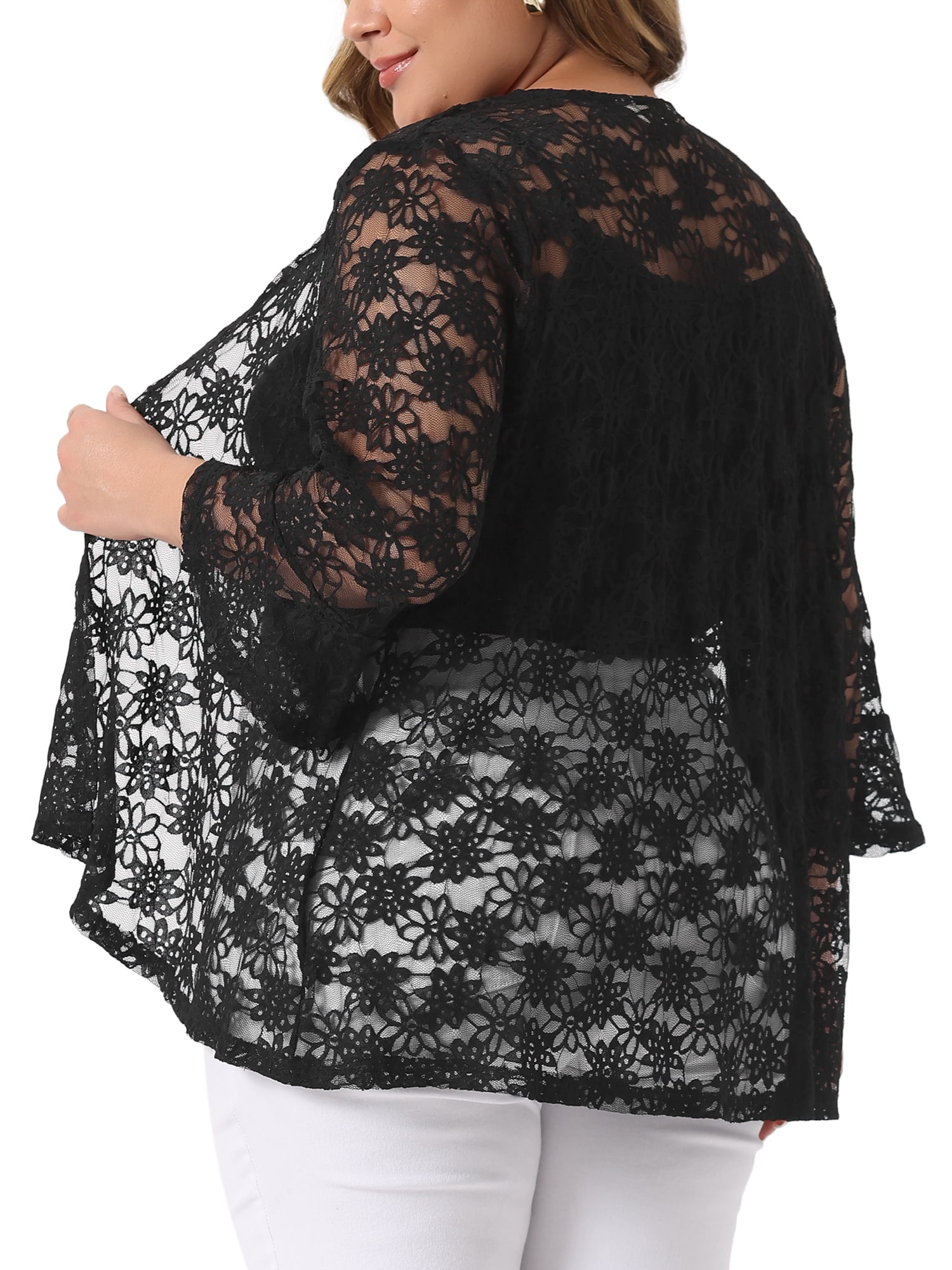 DARING DIVA Women's Plus Size Open Front 3/4 Sleeve Sheer Lace Cardigan 2X Black
