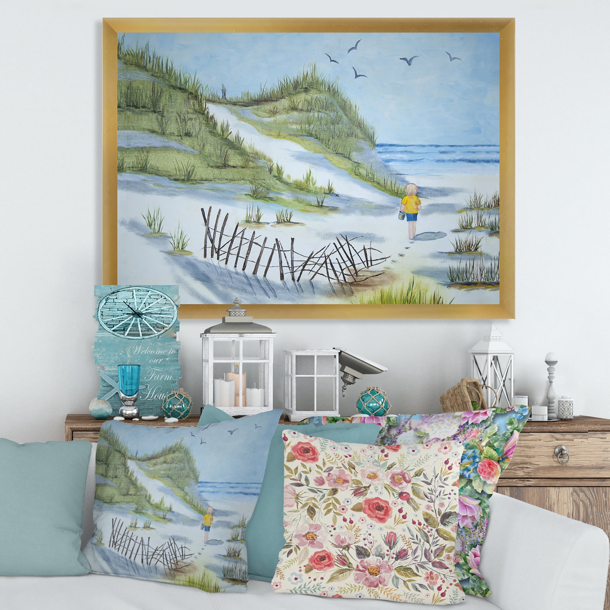 Designart 'Child Walking to The Beach' Nautical & Coastal Framed Art Print