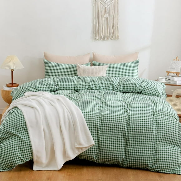 Green Gingham Duvet Cover King, 3 Pieces Microfiber Extra Soft Breathable Plaid Checkered Grid Cute Comforter Cover Bedding Set with 1 Duvet Cover and 2 Pillowcases