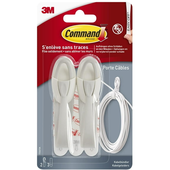 Command 17304 Cable Hangers 2 Plastic Hooks, Medium, Up to 1kg 2 Hook and 2 Strips, White Medium White